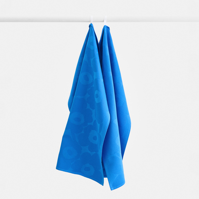 marimekko unikko blue towels hanging up