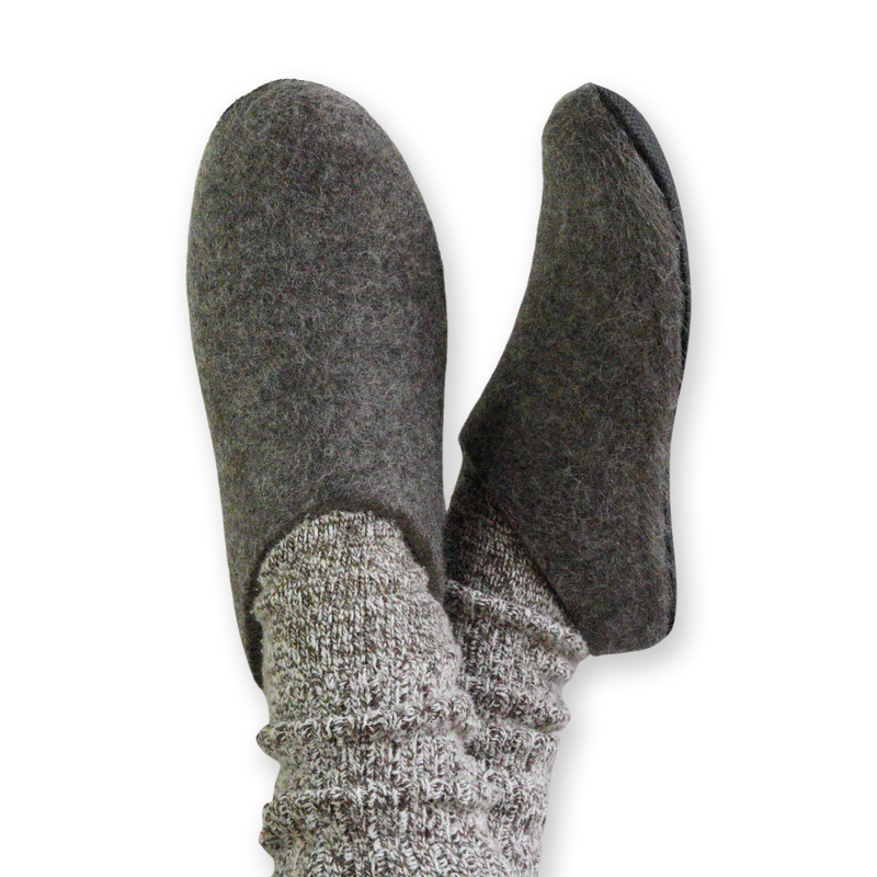 Lahtiset Light Grey Felt Slippers w/ Rubber Sole worn with tan socks