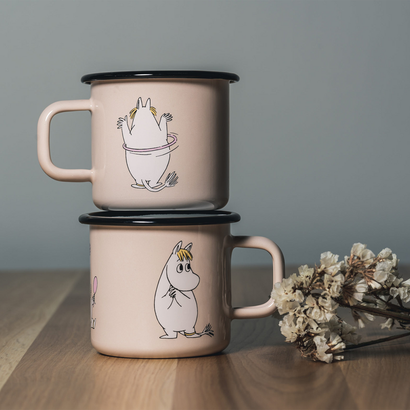 Two Muurla Moomin Snorkmaiden Enamel Mugs stacked on eachother