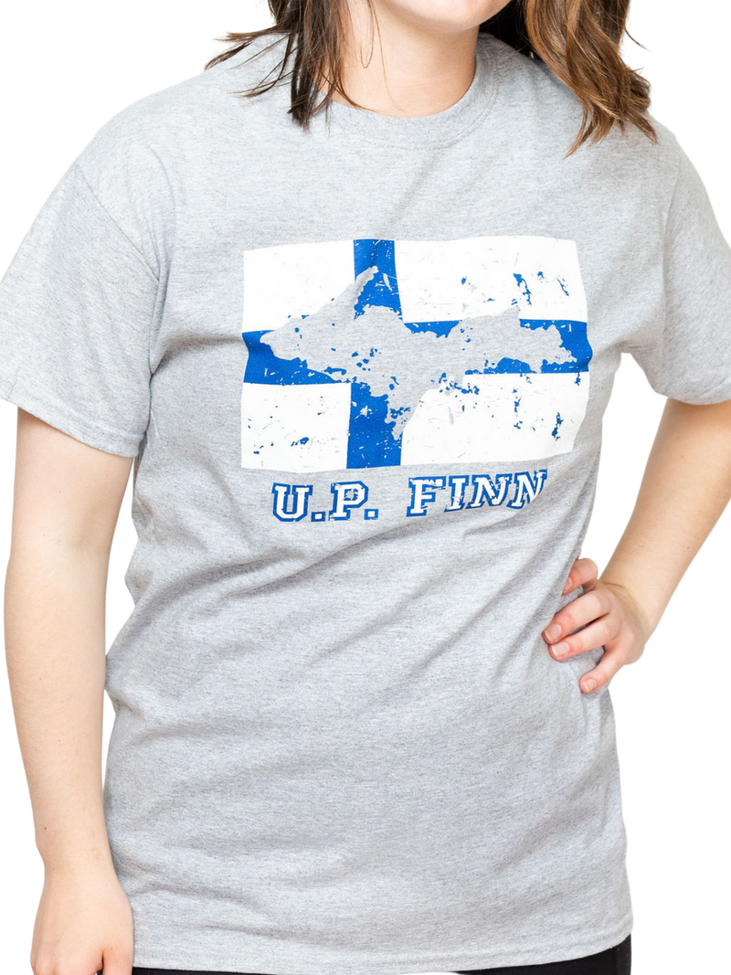 Woman wearing grey U.P. Finn T-Shirt