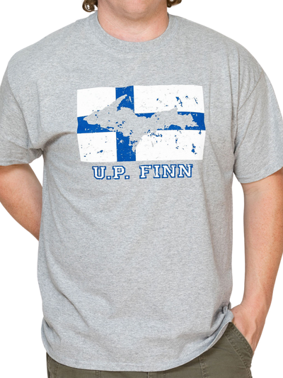 Man wearing grey U.P. Finn T-Shirt
