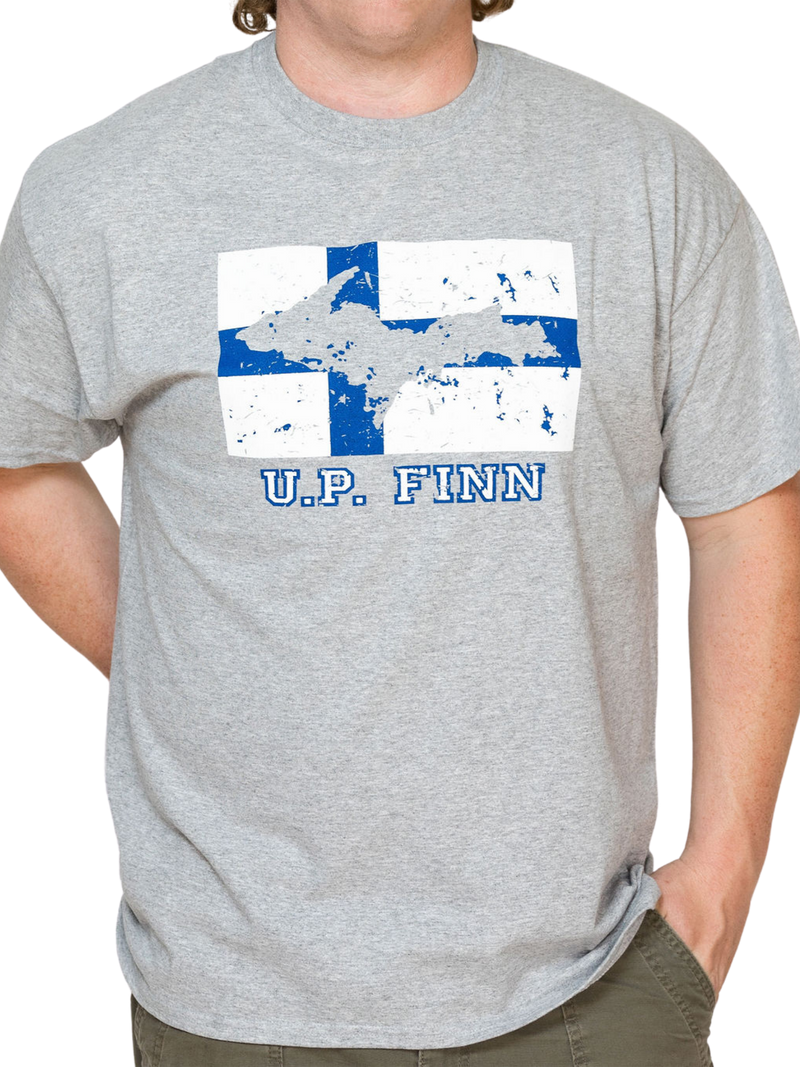 Man wearing grey U.P. Finn T-Shirt
