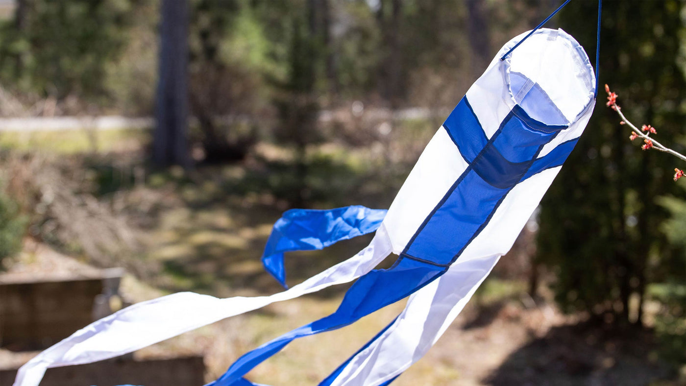 Finnish Flag windsock hanging outside