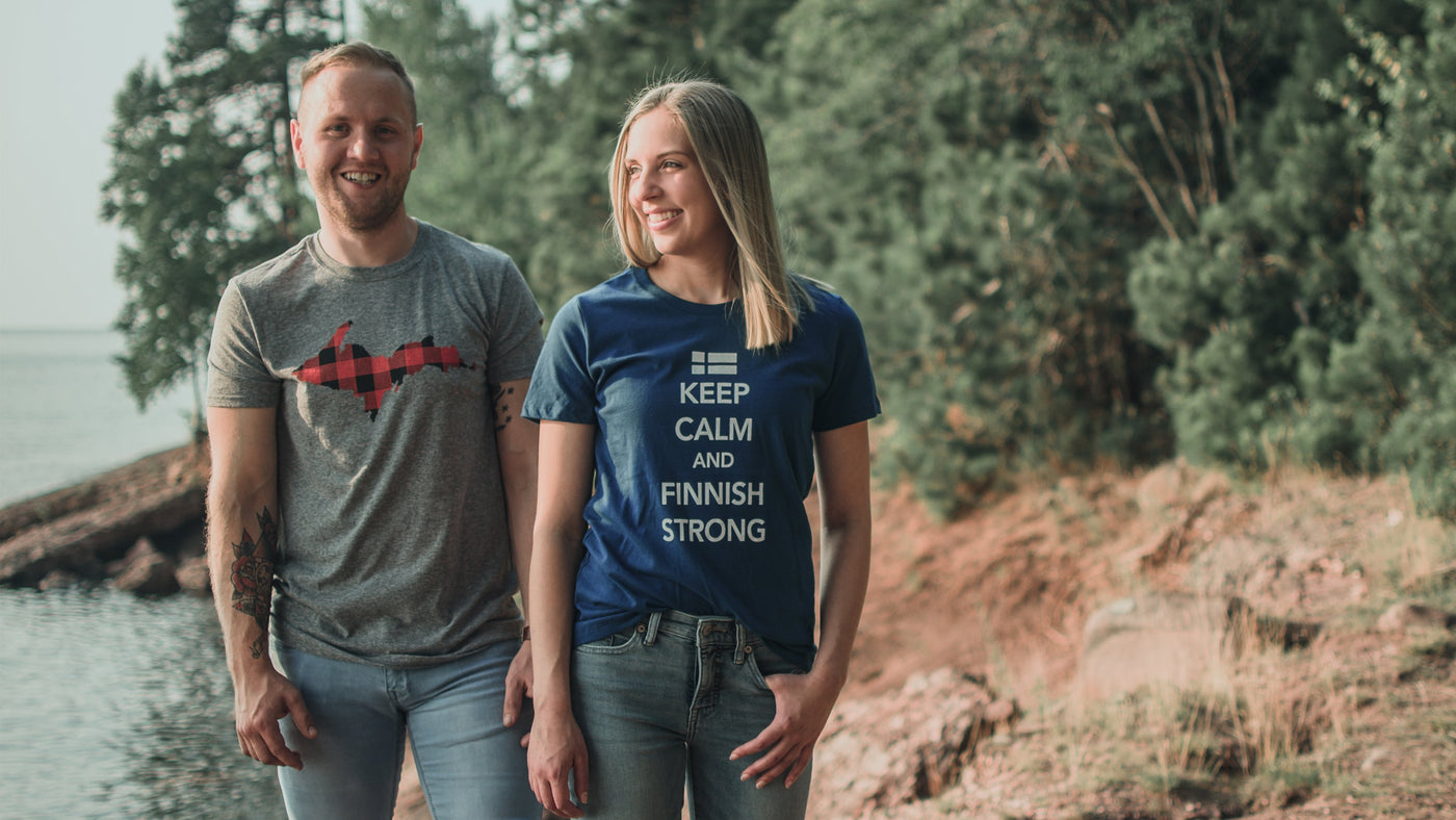 Wearing Finnish and Yooper t-shirts at lake