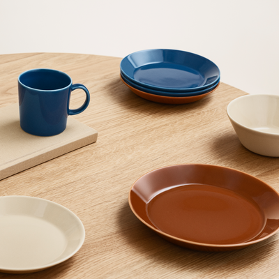 vintage blue and brown plates and bowls