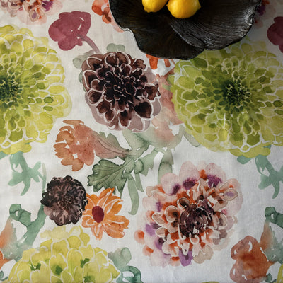 Floral patterned fabric with colorful flowers on a white background