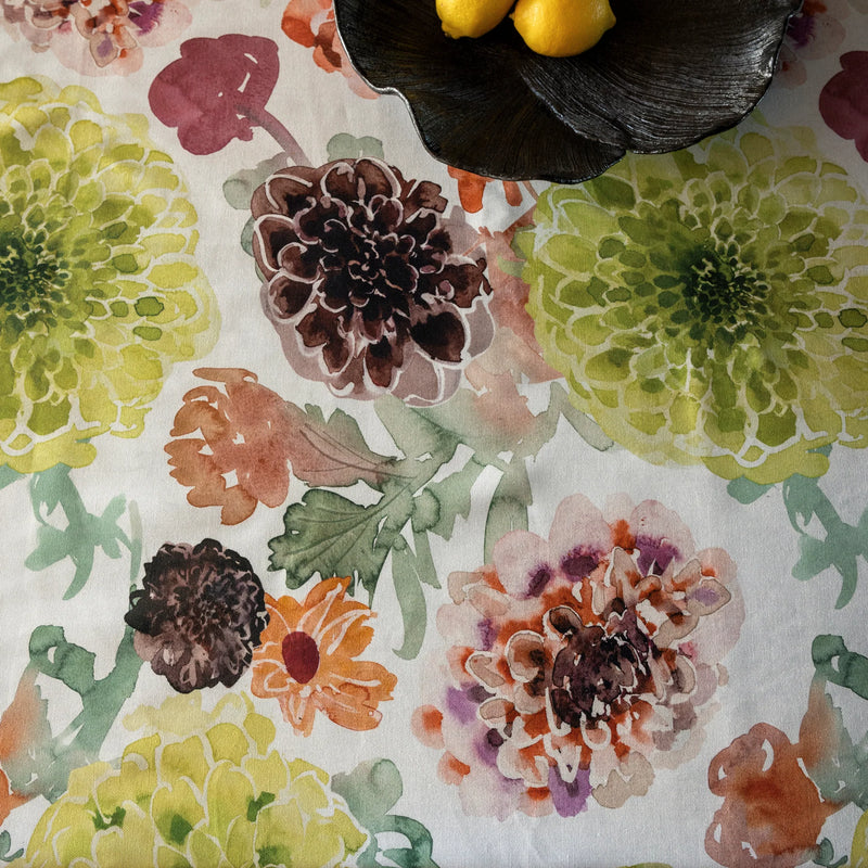 Floral patterned fabric with colorful flowers on a white background