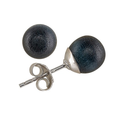 Pair of black round earrings with silver posts on a white background