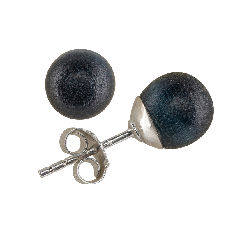Pair of black round earrings with silver posts on a white background