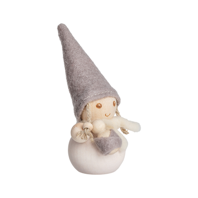 Small gnome figurine with a gray hat and white body on a white background