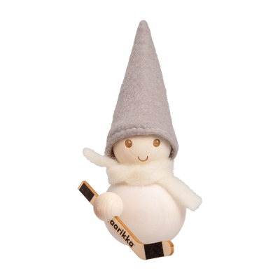 Plush toy with a cone hat and a small bag, on a white background