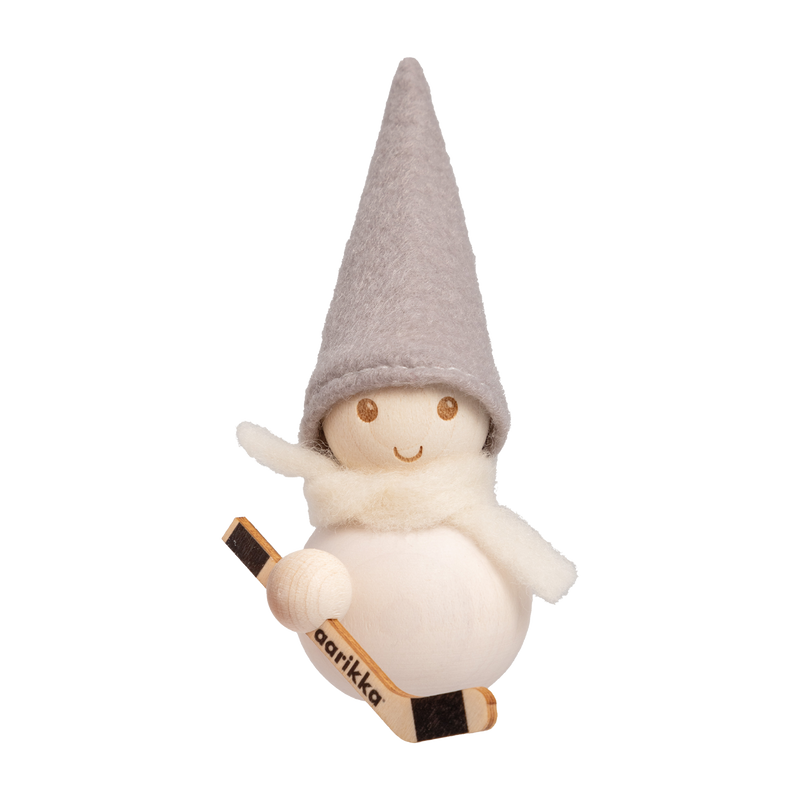 Plush toy with a cone hat and a small bag, on a white background