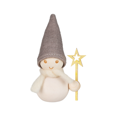 Small plush gnome with a gray hat and star wand on a white background