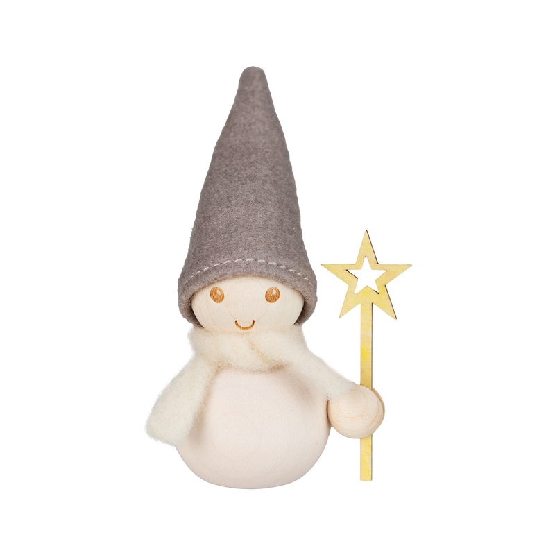 Small plush gnome with a gray hat and star wand on a white background