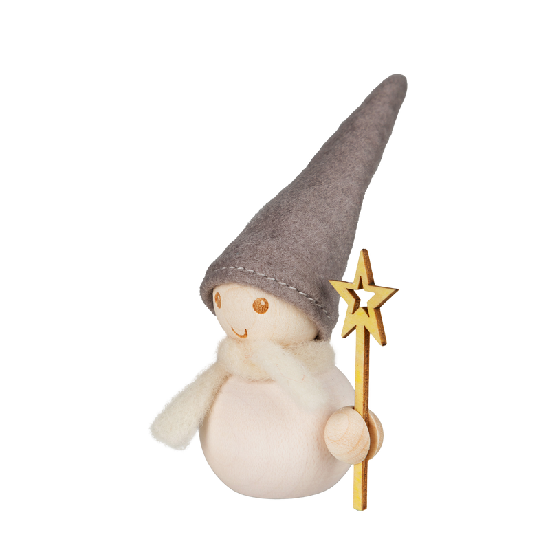 Decorative figure of a snowman with a gray hat and gold star wand on a white background