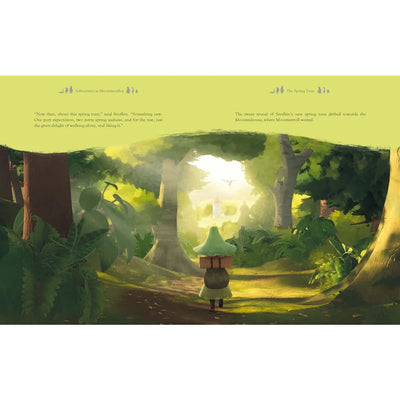 Illustration of a character in a green outfit walking towards a glowing light in a forest setting.
