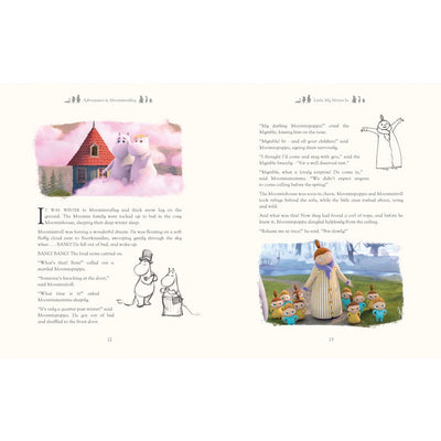 Illustrated book pages with characters and text, featuring a snowy landscape and colorful buildings.