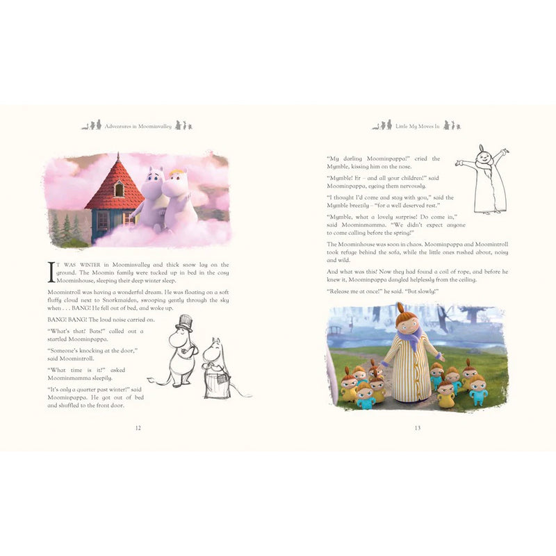 Illustrated book pages with characters and text, featuring a snowy landscape and colorful buildings.