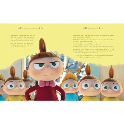 Illustrated book page with cartoon characters and text on a yellow background
