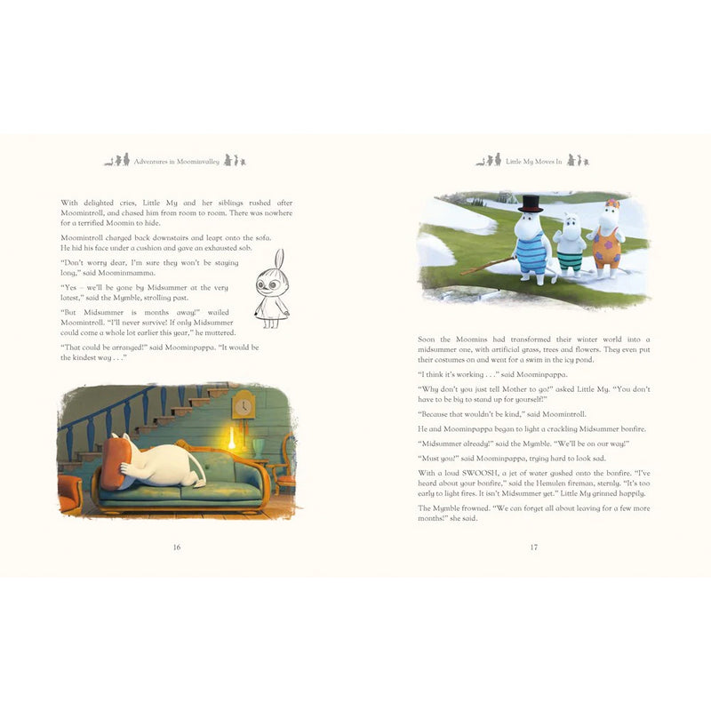 Illustrated book pages with characters and text on a white background