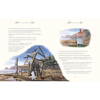 Illustrated book page with a scene of a wooden structure by a lake and a character standing on a mountain.