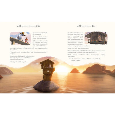 Illustrated book page with a small house on a rock in the water, surrounded by mountains and text.