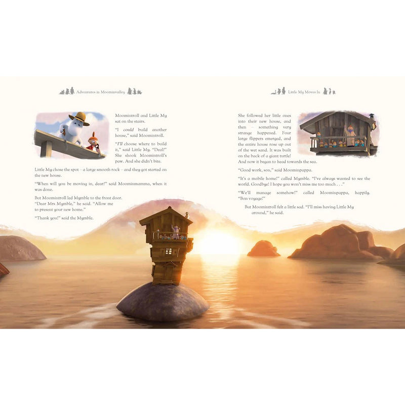 Illustrated book page with a small house on a rock in the water, surrounded by mountains and text.