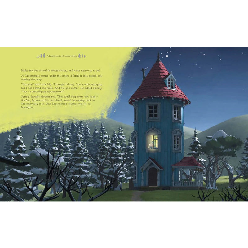 Illustrated blue house with a red roof in a snowy landscape at night.