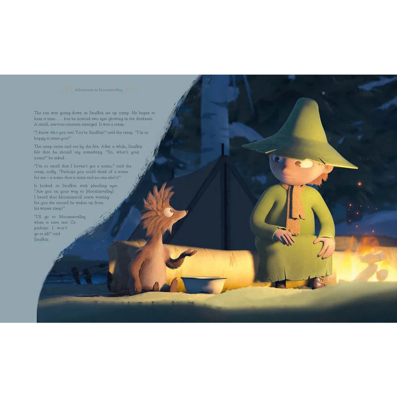 Illustration of a character in a green outfit and hat sitting by a campfire with a creature, set against a snowy night background.