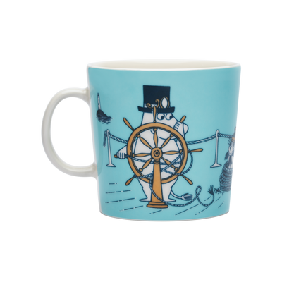 Mug with a design of a character at the helm on a blue background