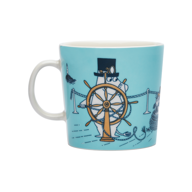 Mug with a design of a character at the helm on a blue background