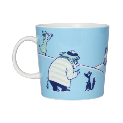 Mug with cartoon characters on a light blue background