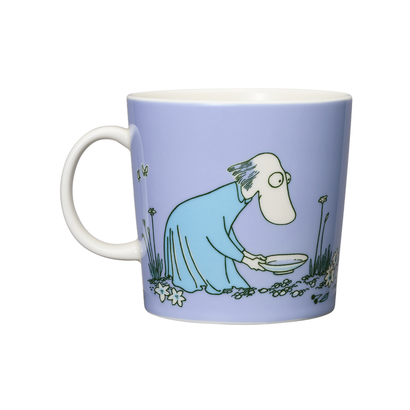 Mug with a cartoon character design on a light purple background