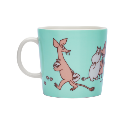 Mug with cartoon characters on a light blue background