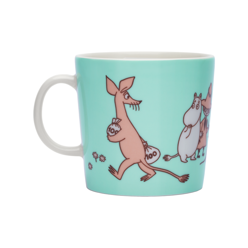 Mug with cartoon characters on a light blue background