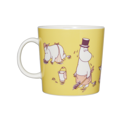 Yellow mug with cartoon characters on a white background