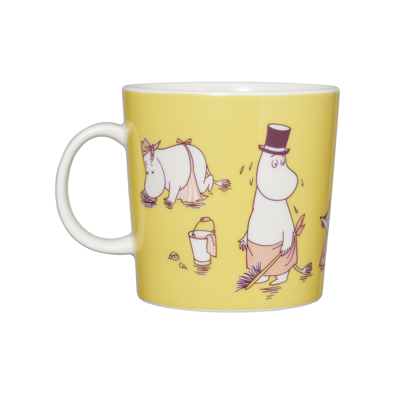 Yellow mug with cartoon characters on a white background