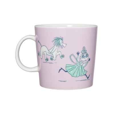Pink mug with illustrations of a fairy and a dragon on a white background