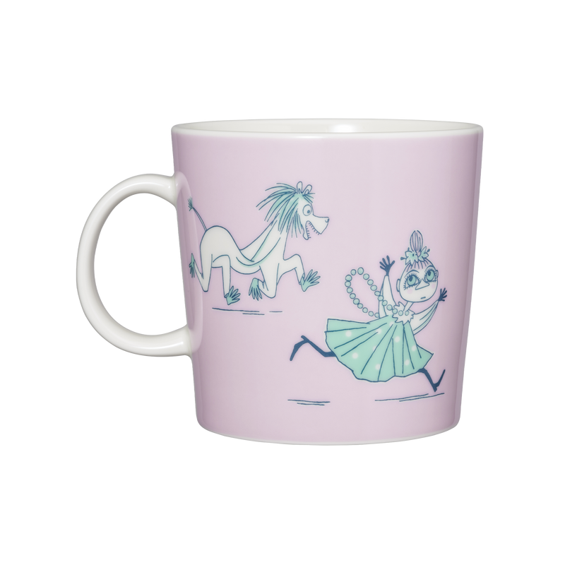 Pink mug with illustrations of a fairy and a dragon on a white background