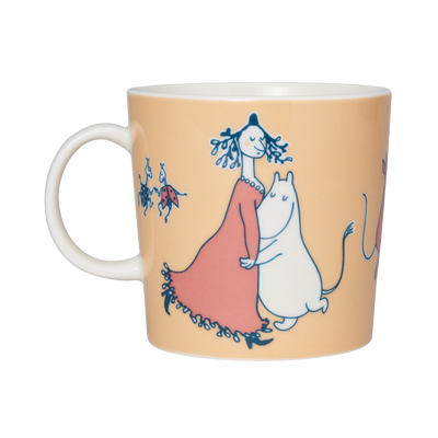Mug with a cartoon design of a girl in a red dress holding a white cat on a beige background