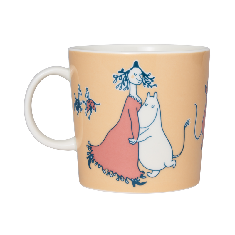 Mug with a cartoon design of a girl in a red dress holding a white cat on a beige background