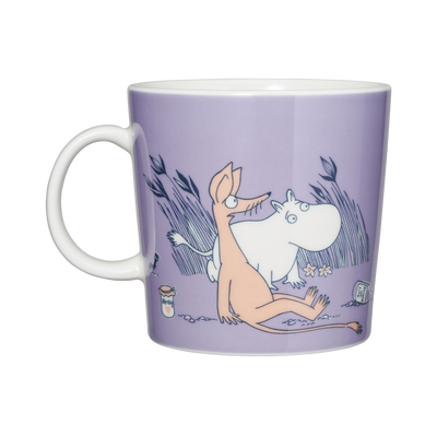 Mug with cartoon characters on a purple background