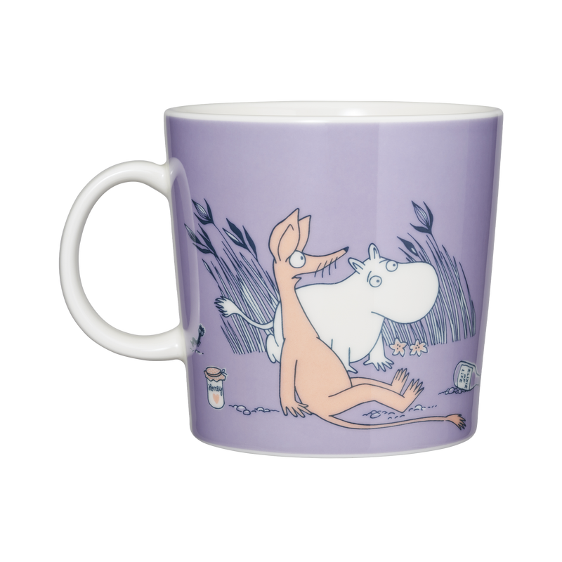 Mug with cartoon characters on a purple background