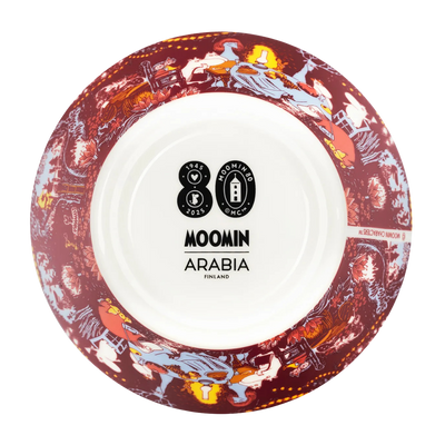 Decorative plate with Moomin characters and Arabia branding on a white background