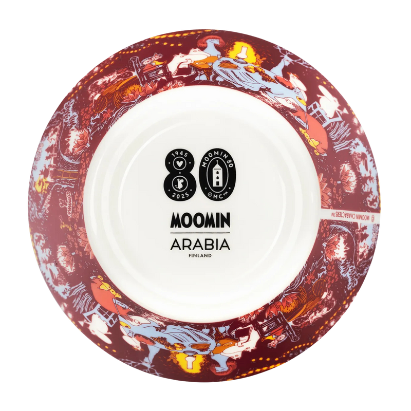 Decorative plate with Moomin characters and Arabia branding on a white background