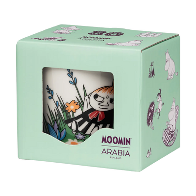 Moomin Arabia mug in a decorative box with cartoon characters on a light green background