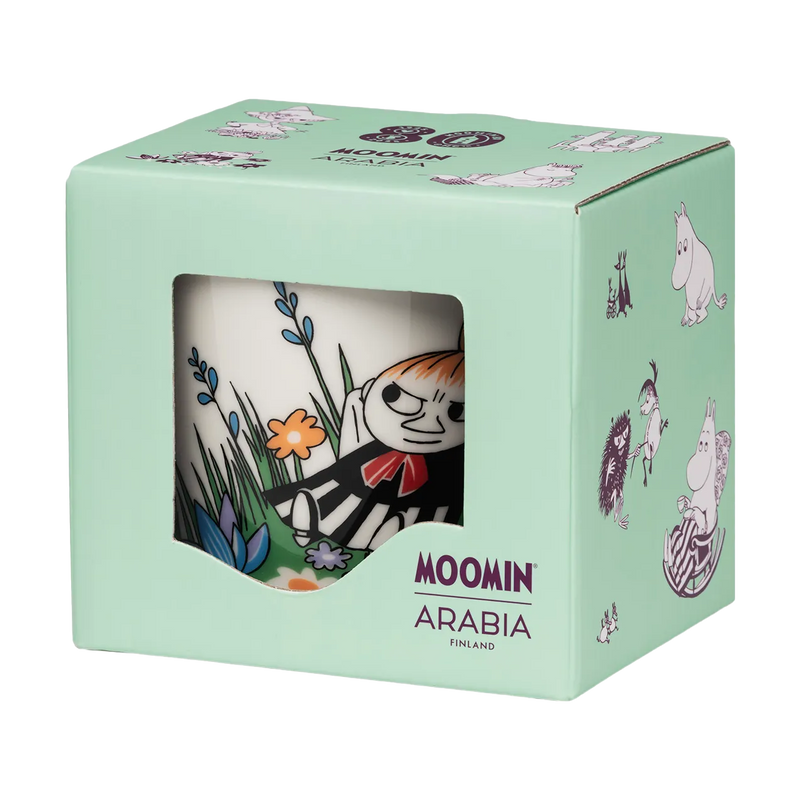 Moomin Arabia mug in a decorative box with cartoon characters on a light green background