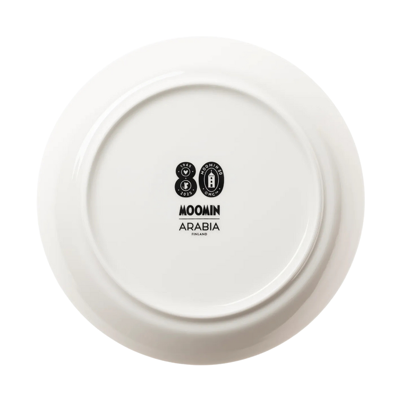 White ceramic plate with Moomin Arabia logo on a white background