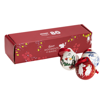 Three decorative ornaments with a red box labeled 'Moments of Magic' on a white background