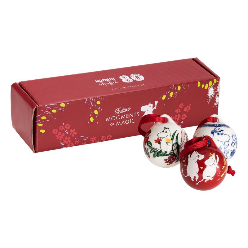 Three decorative ornaments with a red box labeled &